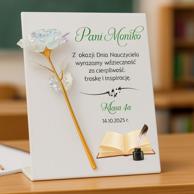 Złota róża metalowa na tabliczce z dedykacją Personalizacja