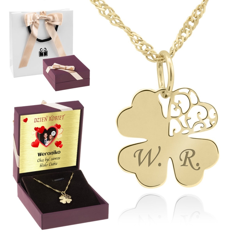 Złoty wisiorek ażurowa koniczynka 585 z grawerem i łańcuszkiem