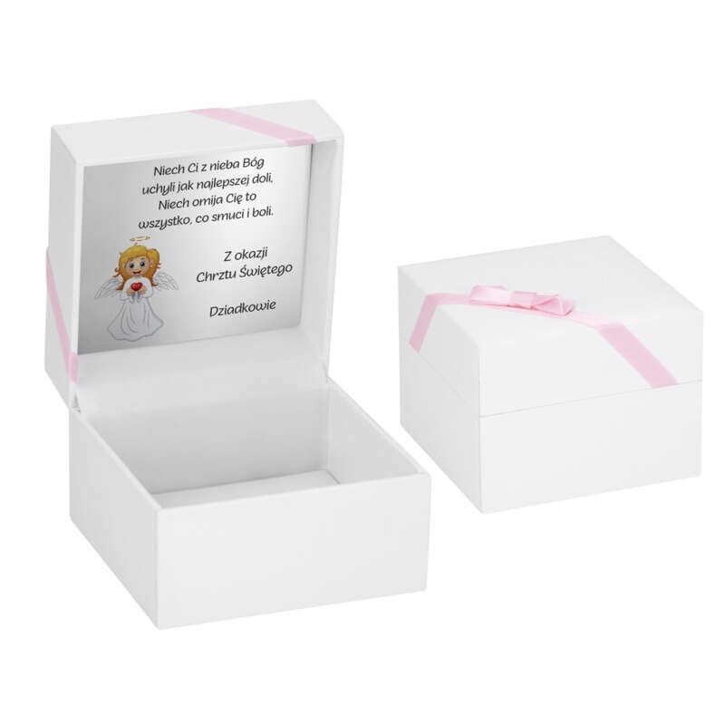 Image of Pudełko na prezent / Białe / 11x11x8.5 / różowa tasiemka / Tabliczka z nadrukiem / Personalizacja / Pudełko prezentowe