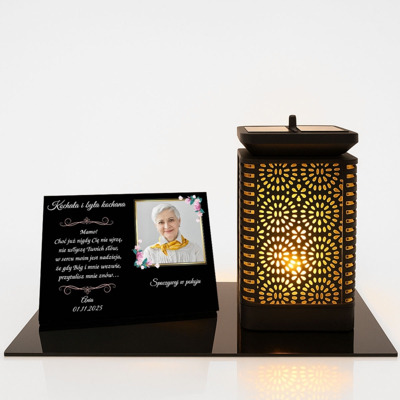 Zestaw nagrobny dla Mamy: lampion solarny LED, personalizowana tabliczka