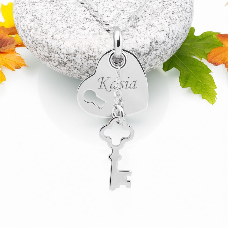 Naszyjnik srebro 925 serce z kluczykiem z grawerem i dedykacją