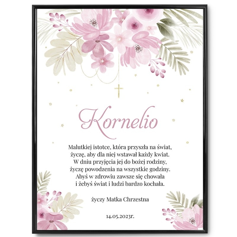 Image of Plakat na Chrzest dla Dziewczynki / Personalizowany / Pamiątka Chrztu z dedykacją / Ramka z plexi / Różowe kwiatki