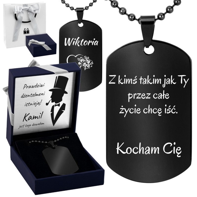 Czarny nieśmiertelnik ze stali szlachetnej z grawerem i dedykacją