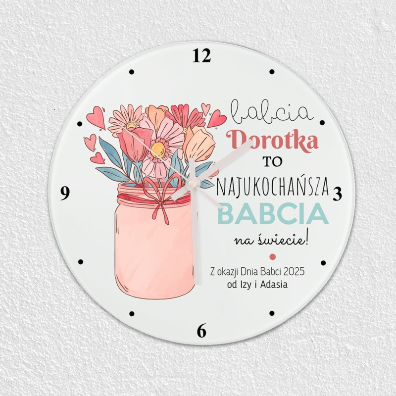 Dzień Babci: szklany zegar z nadrukiem UV z imieniem Babci i podpisem