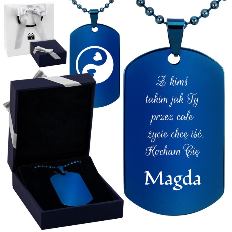 Niebieski nieśmiertelnik stal szlachetna z dwustronnym grawerem