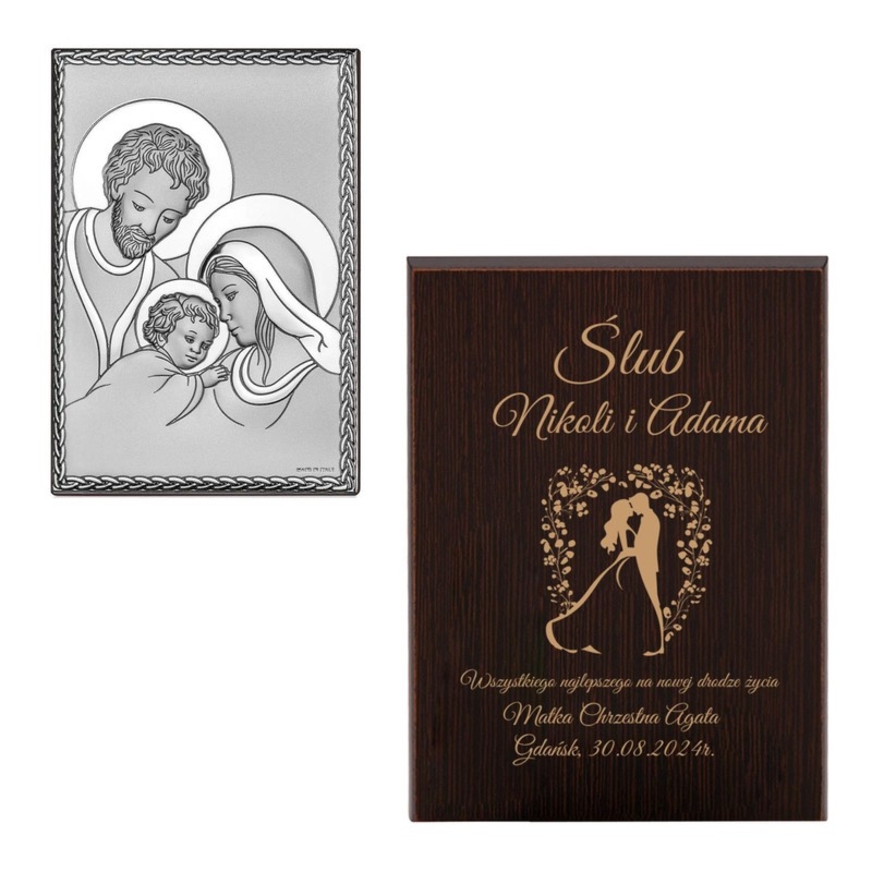 Pamiątka ślubu: posrebrzany obrazek Święta Rodzina z grawerem
