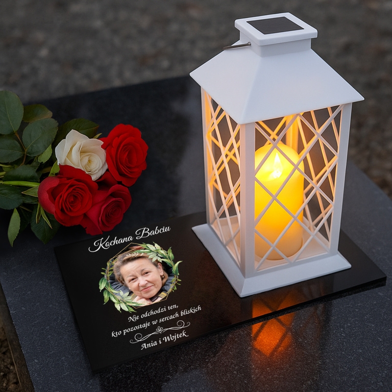 Zestaw nagrobny dla Babci: lampion solarny LED, nadruk UV