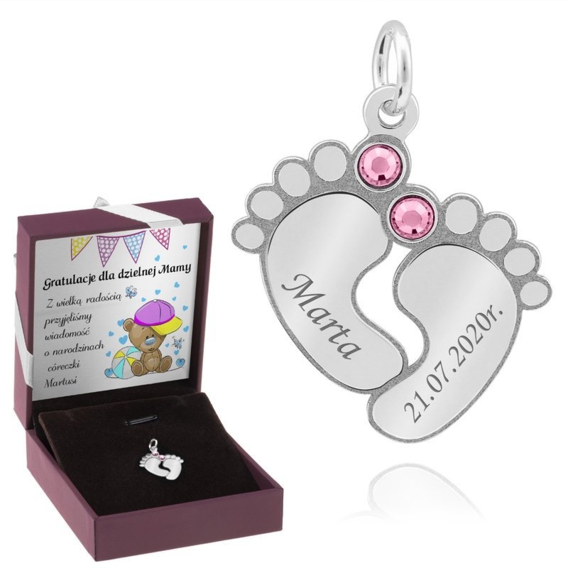 Na chrzest i roczek: wisiorek stópki srebro 925 z grawerem