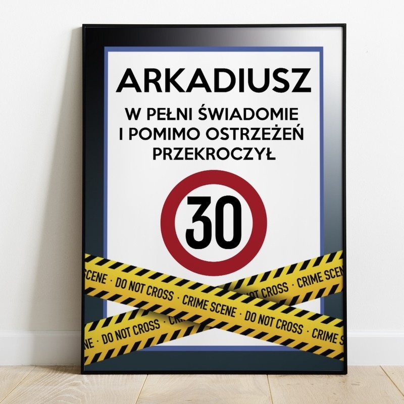 Urodzinowy plakat Do not cross w ramce ze szkłem z imieniem