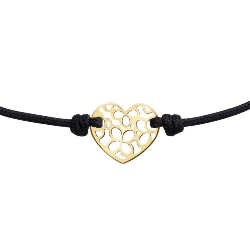 Sznurkowa bransoletka z ażurowym serduszkiem złoto 585 na czarnym sznurku