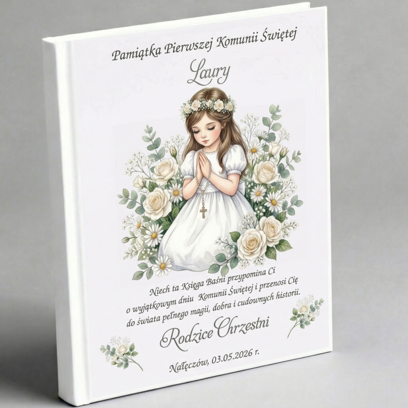 Pamiątka Pierwszej Komunii Świętej – personalizowana Księga Baśni dla dziewczynki z dedykacją