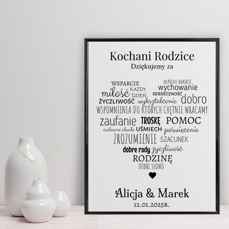 Plakat podziękowanie dla rodziców z sercem i nadrukiem w ramce