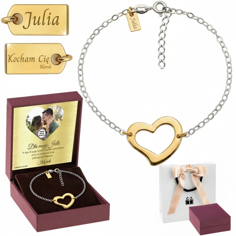 Bransoletka Serce – srebro pr. 925, powłoka rodowana, grawer po obu stronach blaszki, prezent z dedykacją