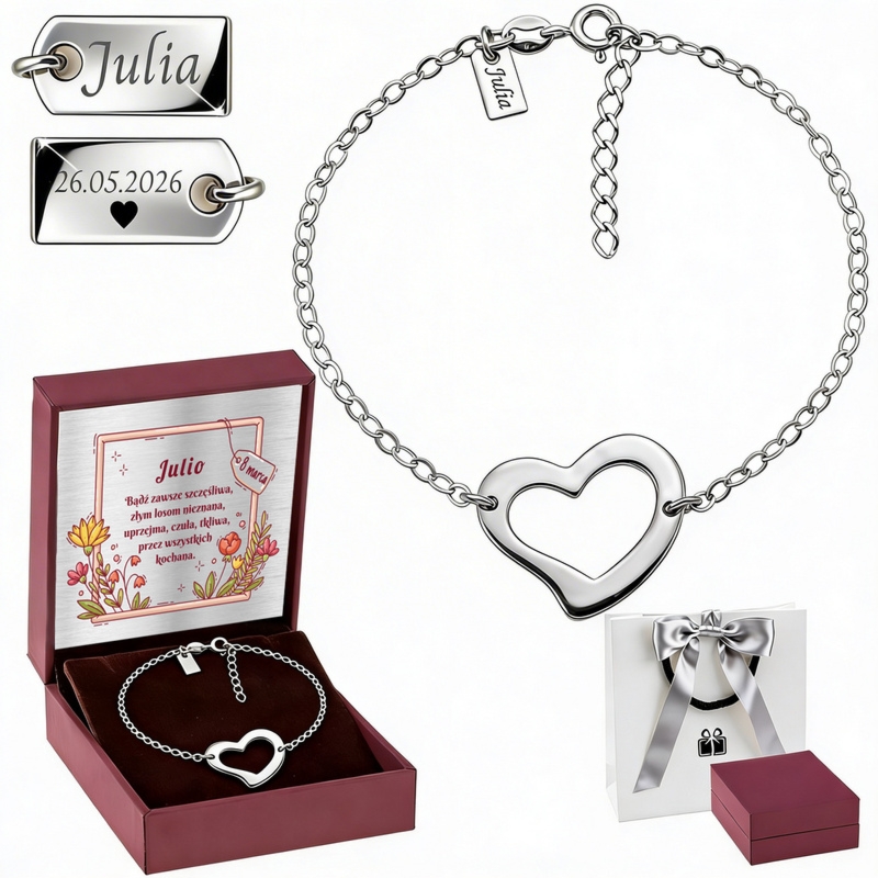 Bransoletka Serce – srebro pr. 925, powłoka rodowana, grawer po obu stronach blaszki, prezent z dedykacją