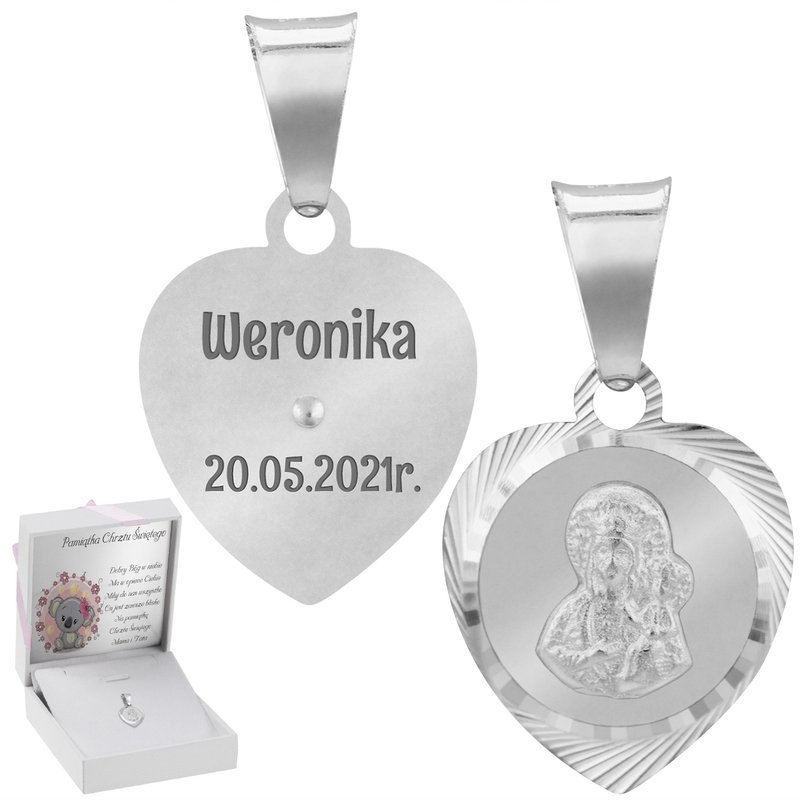 Image of Srebrny medalik serce Matka Boska pr. 925 Grawer Chrzest Komunia
