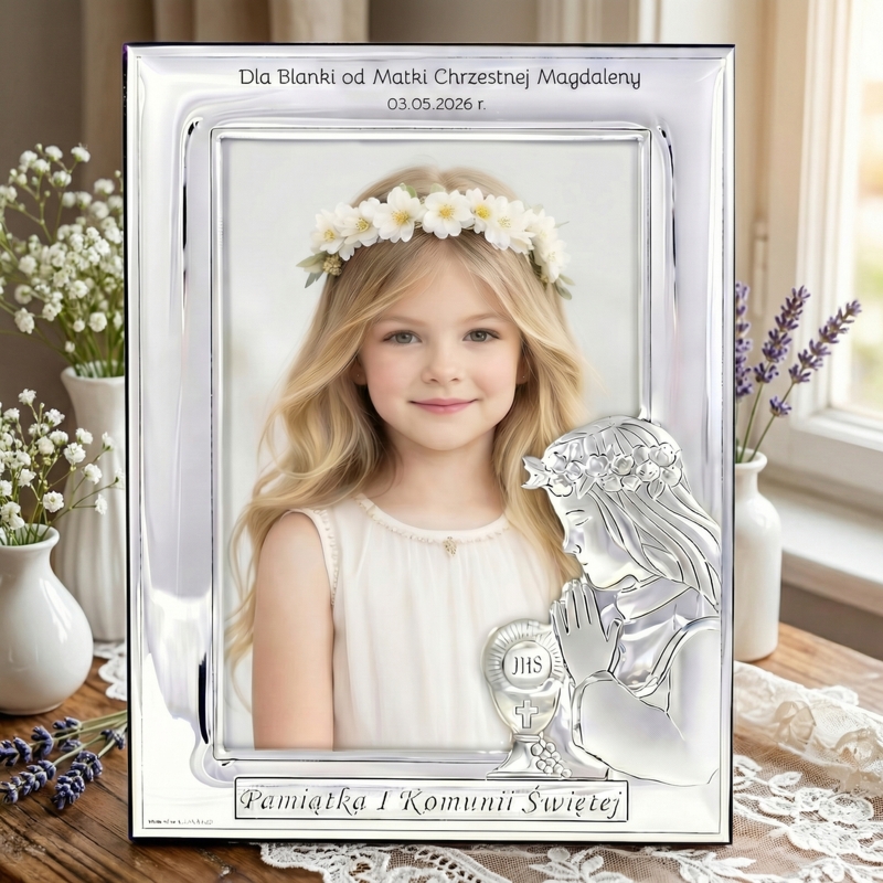 Ramka na zdjęcie / I Komunia Święta / Prezent dla Dziewczynki/ Własny Grawer / Stal posrebrzana