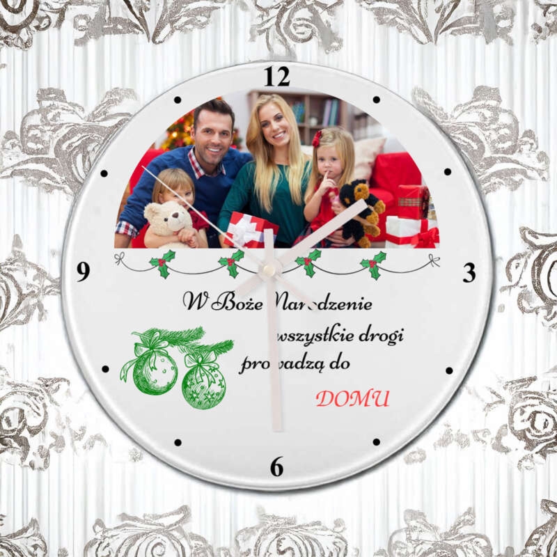 Świąteczny szklany zegar rodzinny z personalizacją UV ze zdjęciem