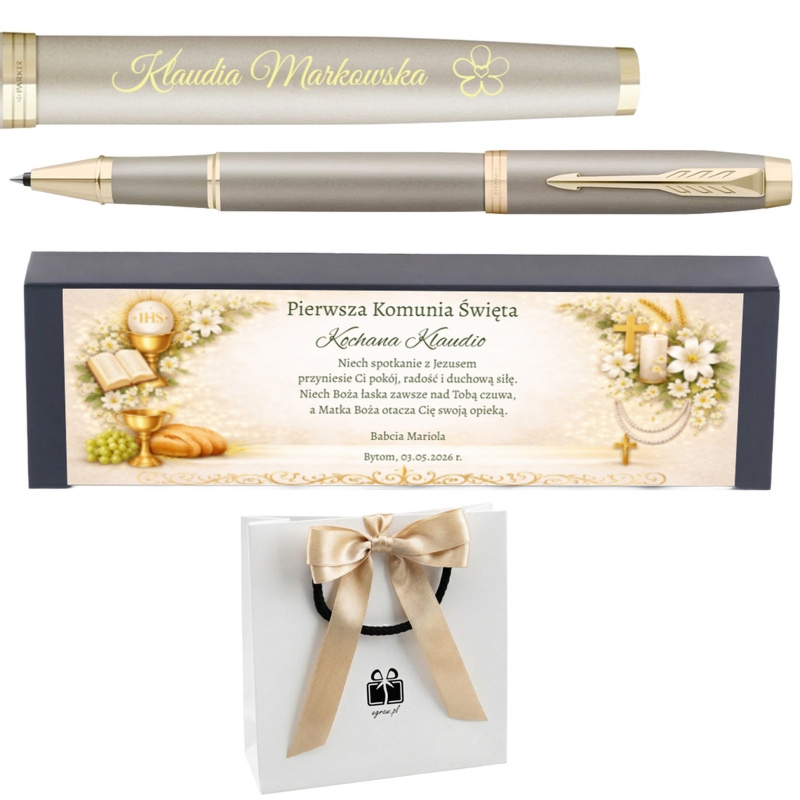 Pióro kulkowe Parker IM Monochrome Champagne z grawerem – elegancki prezent na Pierwszą Komunię Świętą