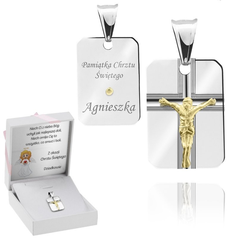 Srebrny diamentowany medalik pr.925 Jezus na krzyżu pozłacany Grawer