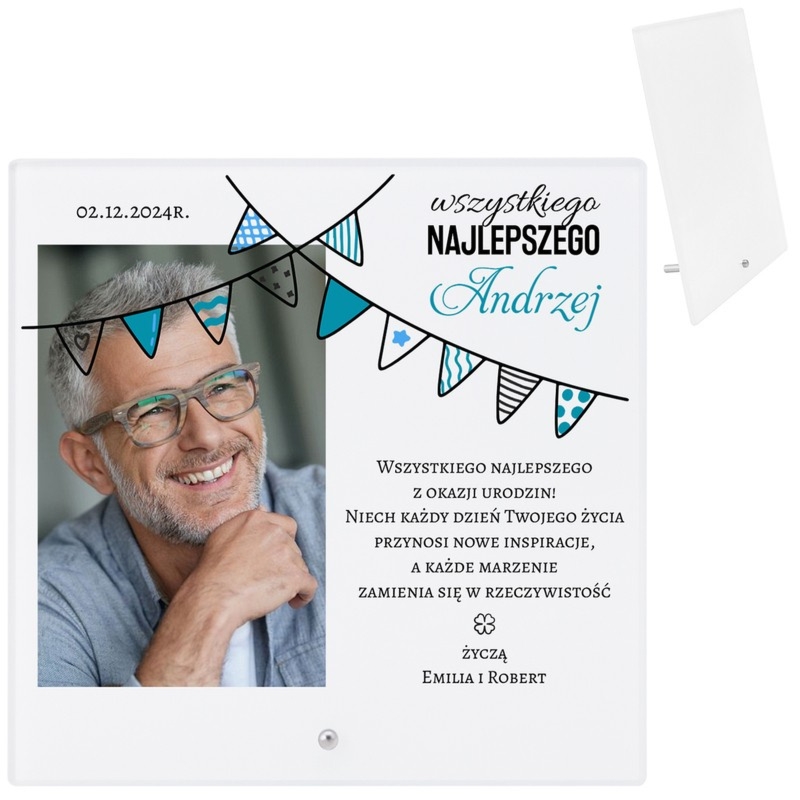 Szklana ramka urodzinowa z personalizacją i zdjęciem na pamiątkę