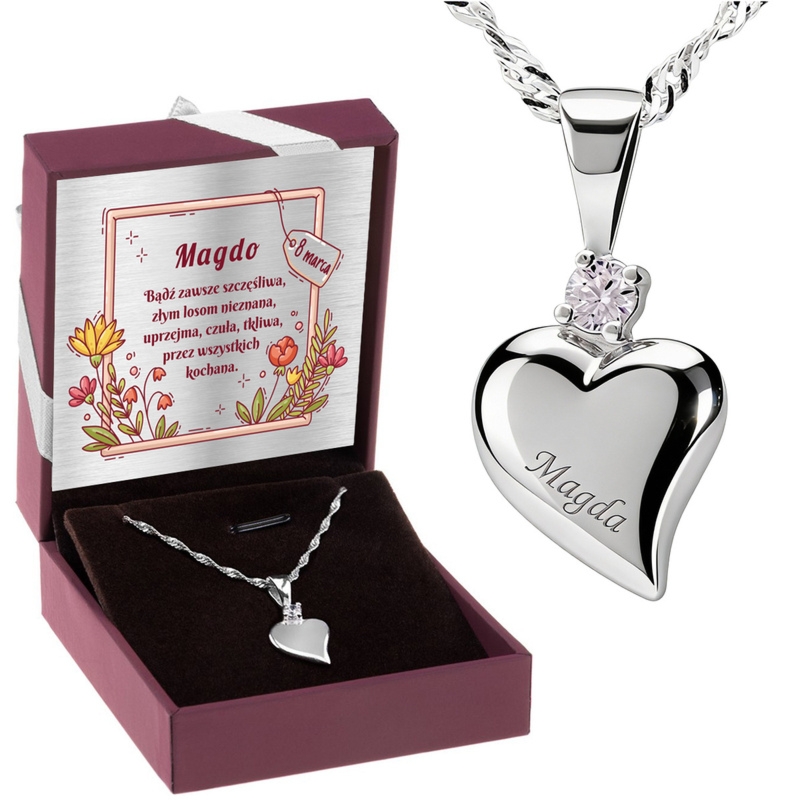 Srebrny naszyjnik serce 925 z cyrkonią i grawerem w pudełku