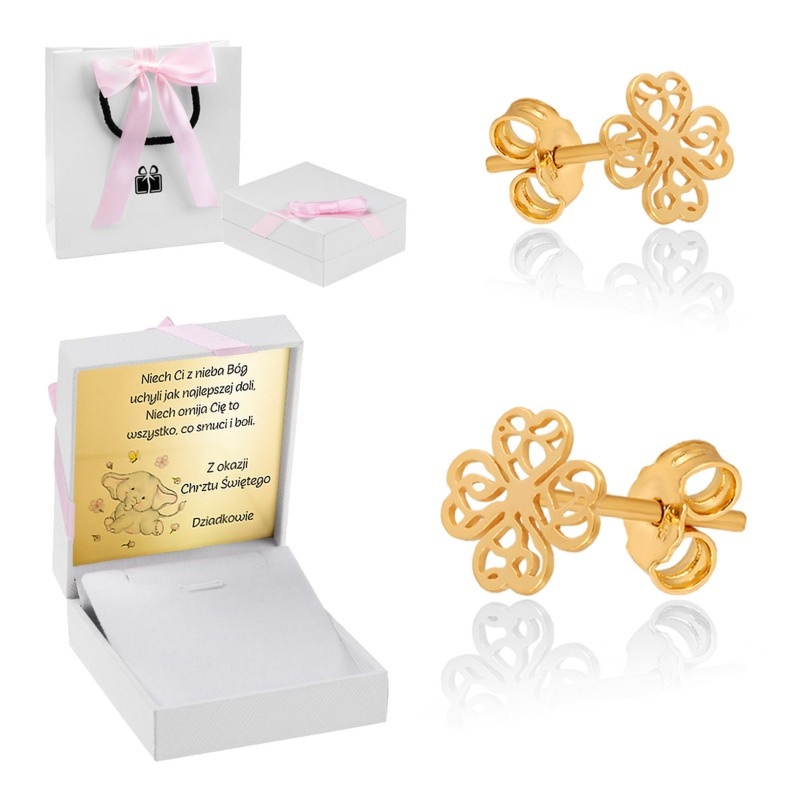 Złote kolczyki koniczynki pr. 585 dla dziewczynki z dedykacją