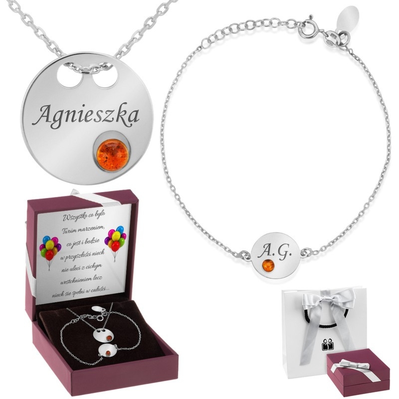 Na Walentynki srebrny zestaw celebrytka z bursztynem, grawer
