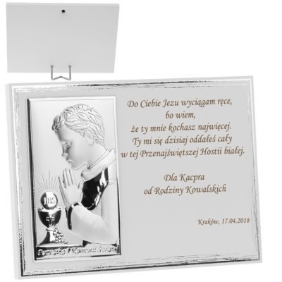 Pamiątka I Komunii dla chłopca srebrny panel z grawerem