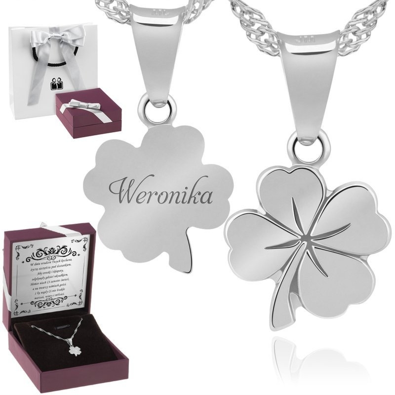 Wisiorek koniczynka pr. 925 z łańcuszkiem, grawerem i tabliczką