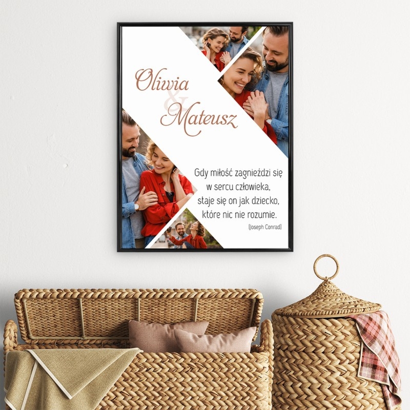 Personalizowany plakat z kolażem zdjęć w czarnej ramce pod szkłem