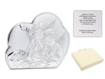 Srebrny obrazek Aniołki na chmurce z dedykacją na Chrzest Święty