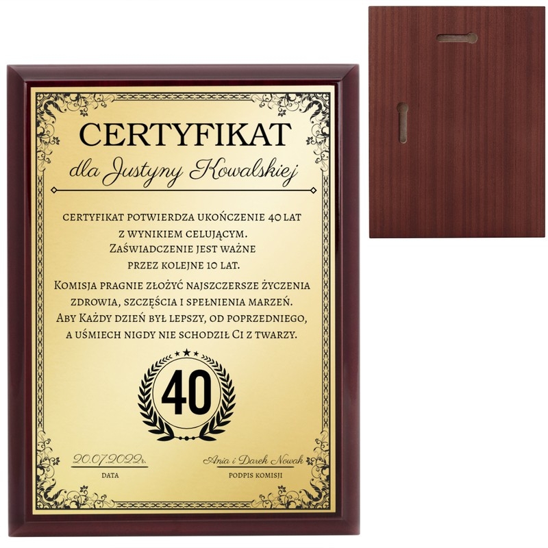 Image of Dyplom na urodziny / Drewniany panel, złota tabliczka, dedykacja / Prezent na urodziny