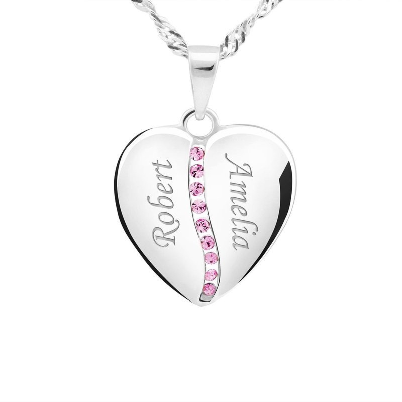 Srebrny wisiorek serce z różowymi cyrkoniami z grawerem