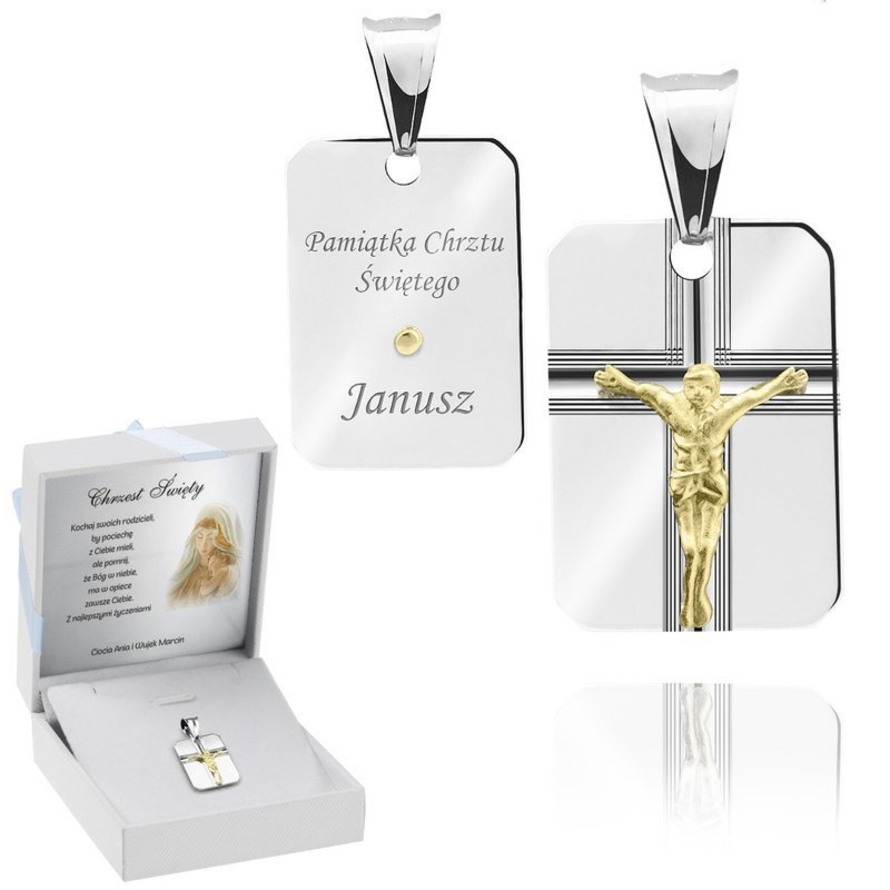 Srebrny diamentowany medalik pr.925 Jezus na krzyżu pozłacany Grawer