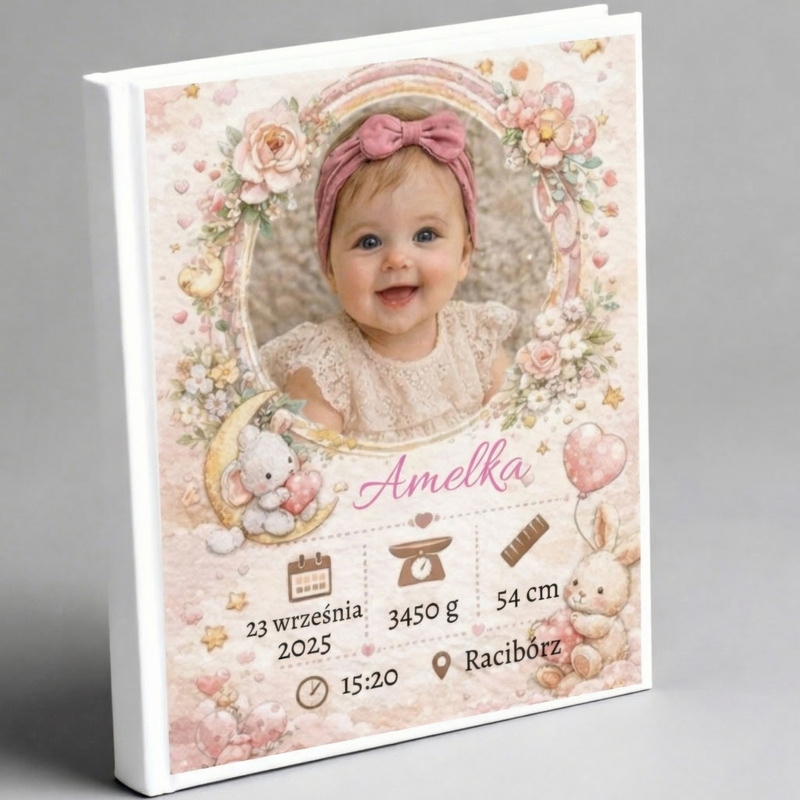 Personalizowana pamiątka narodzin dla dziewczynki z metryczką – wyjątkowa księga baśni z imieniem, datą, godziną, wagą i wzrostem