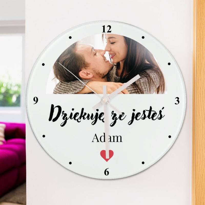 Szklany zegar ścienny z personalizacją Dziękuję, że jesteś