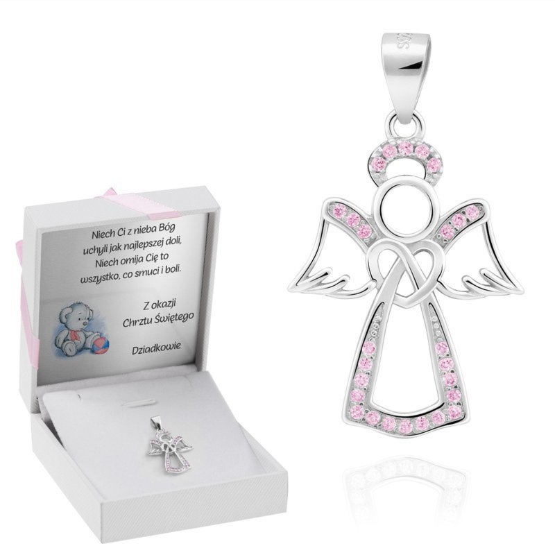 Prezent na chrzest: wisiorek aniołek srebro 925 z dedykacją