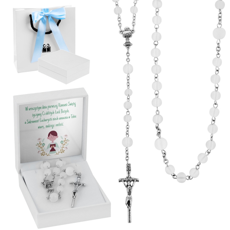 Różaniec komunijny mleczne kulki, pudełko z dedykacją + torebka