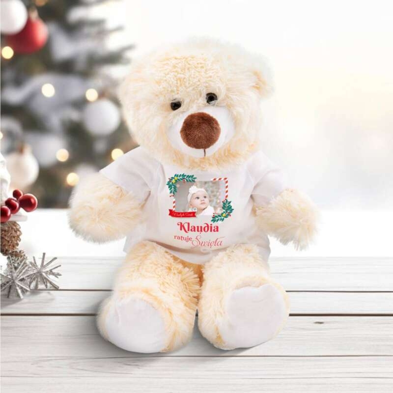 Świąteczny miś pluszowy z własnym zdjęciem i imieniem Personalizacja