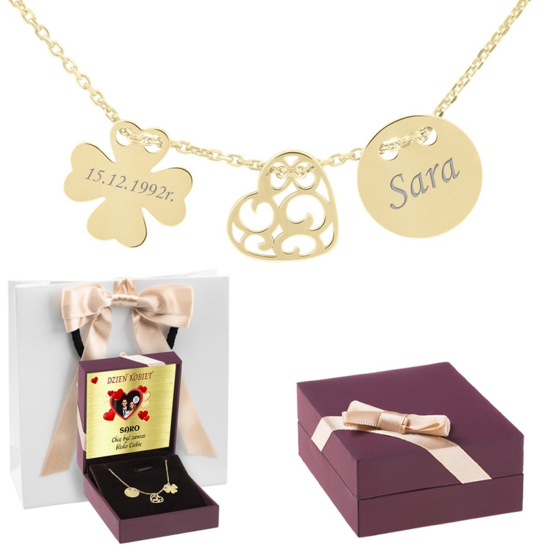 Pozłacany naszyjnik pr.925 koniczynka serce kółko z grawerem