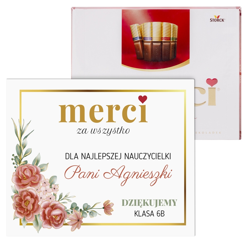 Image of Merci z personalizowaną obwolutą – wyjątkowy prezent dla nauczyciela
