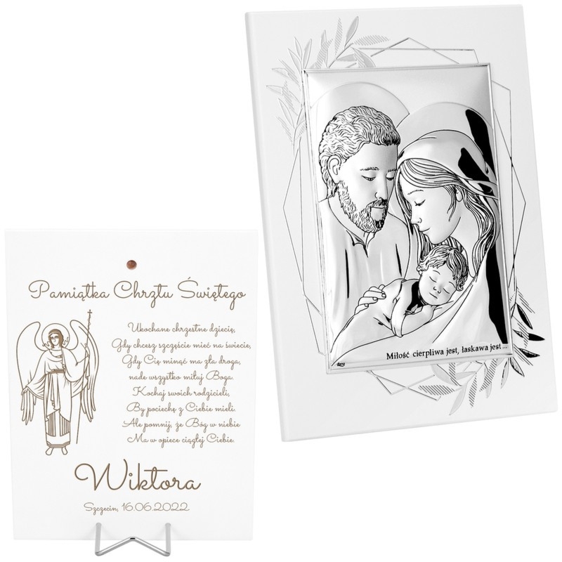 Srebrny obrazek Święta Rodzina na białym drewnie z grawerem