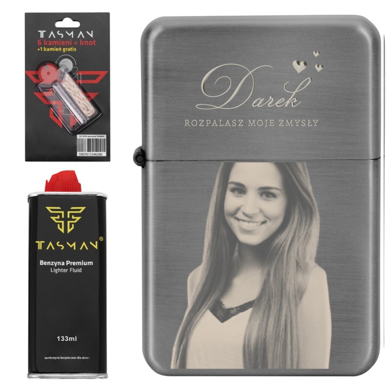 Walentynkowa zapalniczka Tasman szary metal ze zdjęciem i grawerem