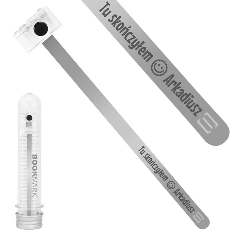 Zakładka do książki Aparat fotograficzny w probówce z grawerem