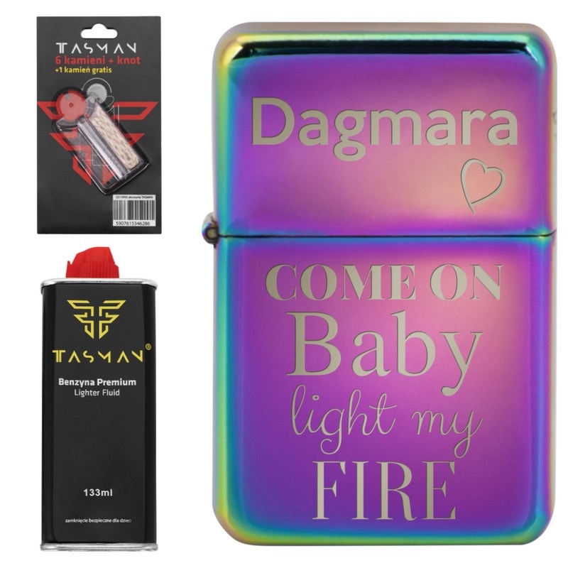 Zestaw Tasman rainbow: zapalniczka z grawerem, benzyna i kamienie