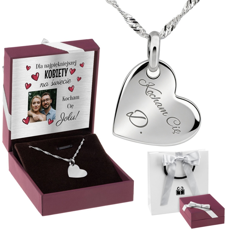 Walentynki: Naszyjnik serce 925 z grawerem do 15 znaków w pudełku