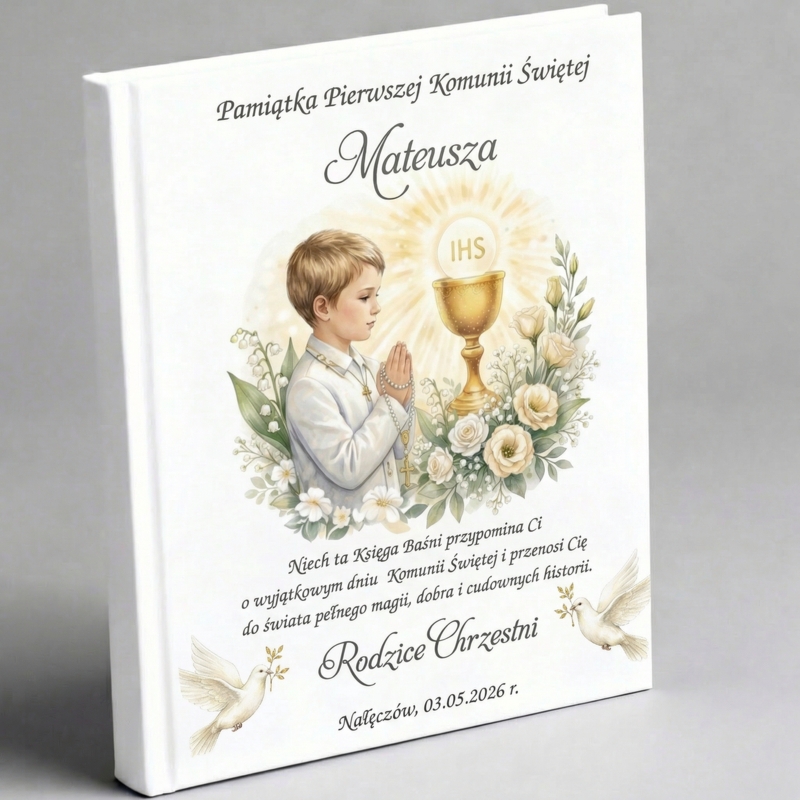Pamiątka Pierwszej Komunii Świętej – personalizowana Księga Baśni dla chłopca z dedykacją