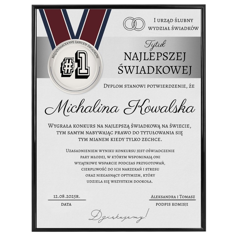 Ślubny dyplom dla świadkowej w ramce z plexi – personalizowany