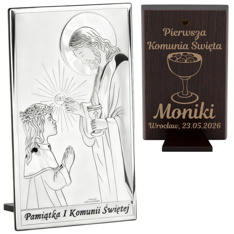 Obrazek srebrny Dziewczynka z Jezusem na Komunię z grawerem