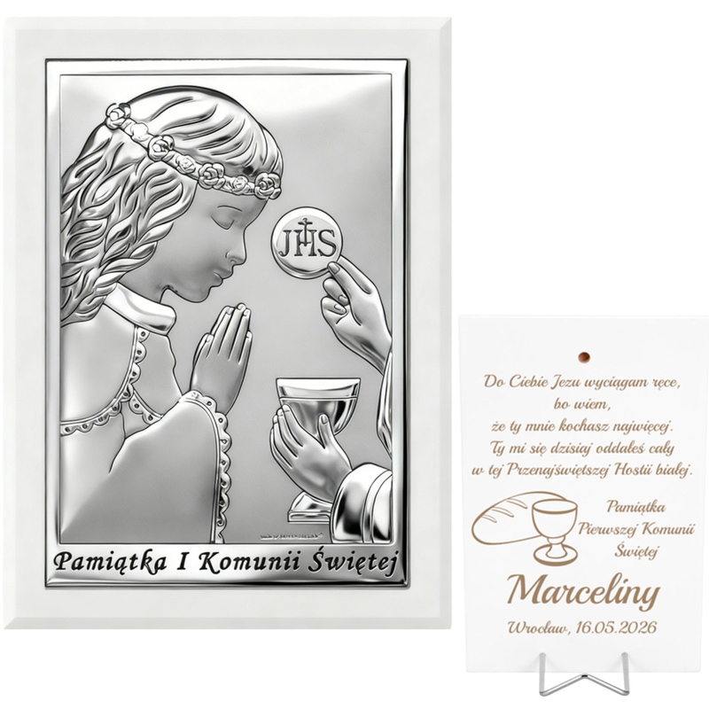 Obrazek na I Komunię dla dziewczynki, srebrzony PVD, grawer